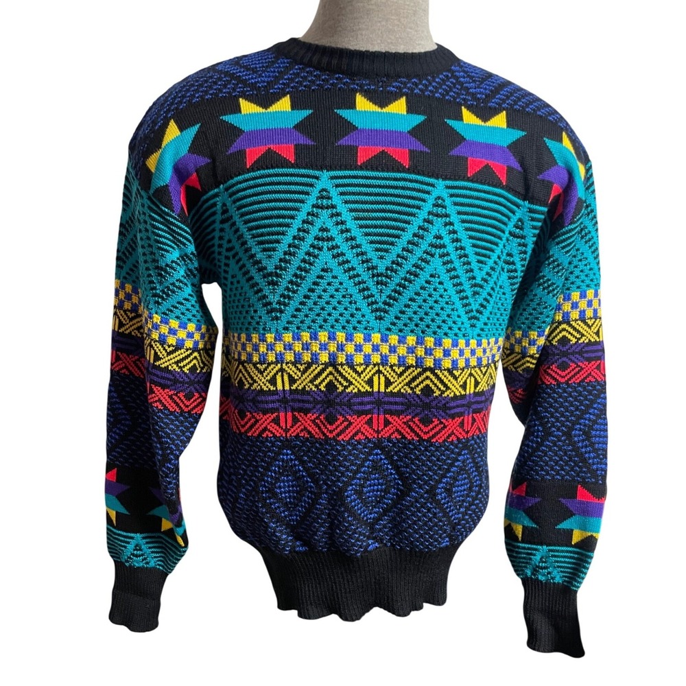 Vintage 90s Meister Geometric Knit Wool Blend Ski Sweater Unisex Large